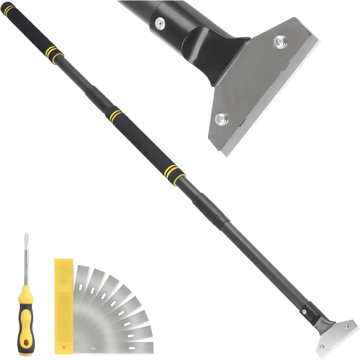 Floor Scraper Long Handle, 31"- 58" Razor  Floor Scraper Heavy Duty Tool with 10  for Cleaning Wall Razor Glass Wall   Tile Glue Adjustable Metal Pole (58)