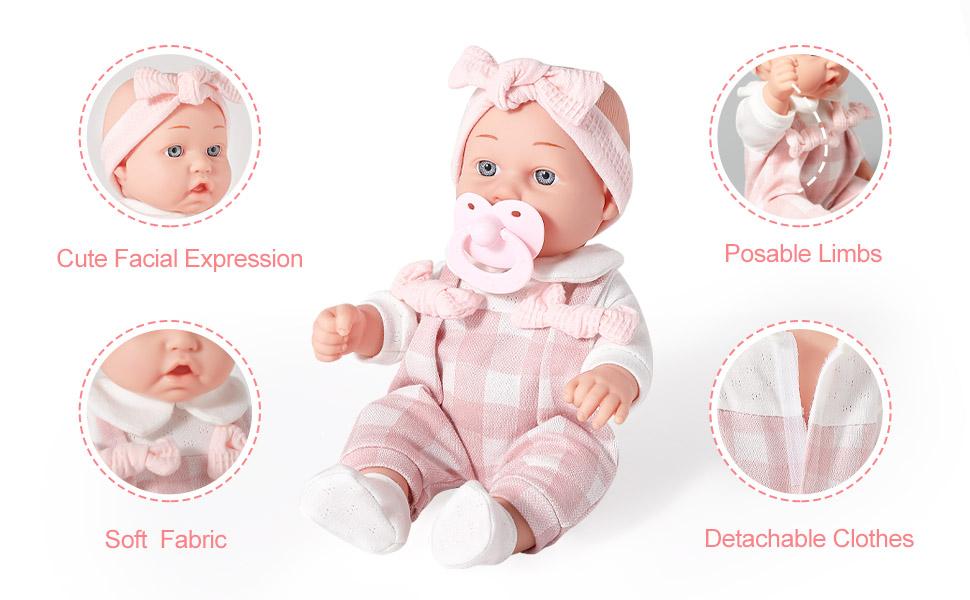 12'' Baby Doll in Gift Box with Pink Cloths, Pacifier, 13''x13'' Microfabric Blanket, and Feeding Bottle. Gift Idea for Ages 3+