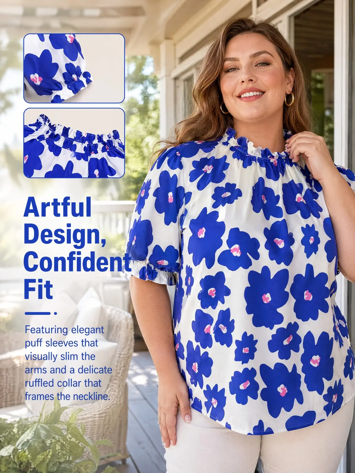 Plus Size Women's Ruffle Collar Top, Collared Floral Print Short Sleeve T-Shirt, Breathable Summer Essential, Casual Office Wear