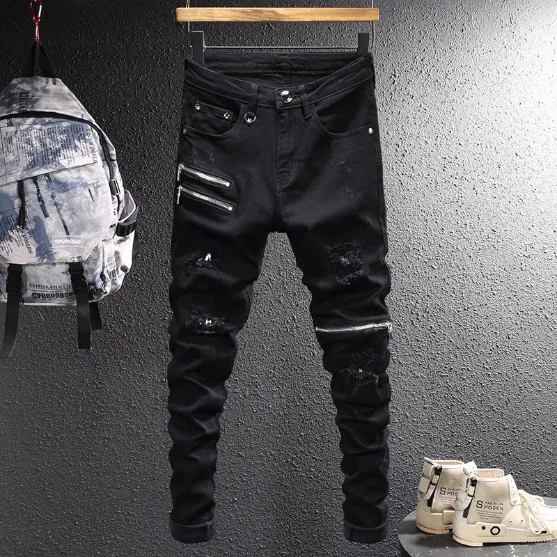 Streetwear Fashion Black Jeans Men Elastic Slim Fit Destroyed Ripped Jeans Zipper Designer Hip Hop Punk Denim Pencil Pants Men
