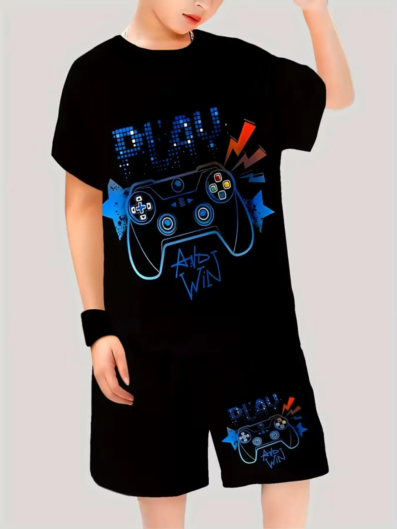 Game Controller Pattern Short Sleeve Shorts Set, Boys' Casual Home Wear, Summer Trendy Sports Two-Piece, Kids Fashion Clothing