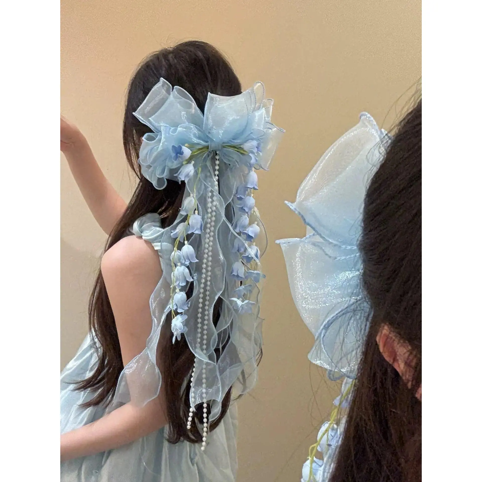 Women's Chiffon Bow Hair Clip with Lily & Tulip Print, Cute Hair Accessories with a Fairy Aesthetic for Styling, Hair Clips For Styling, Bowknot