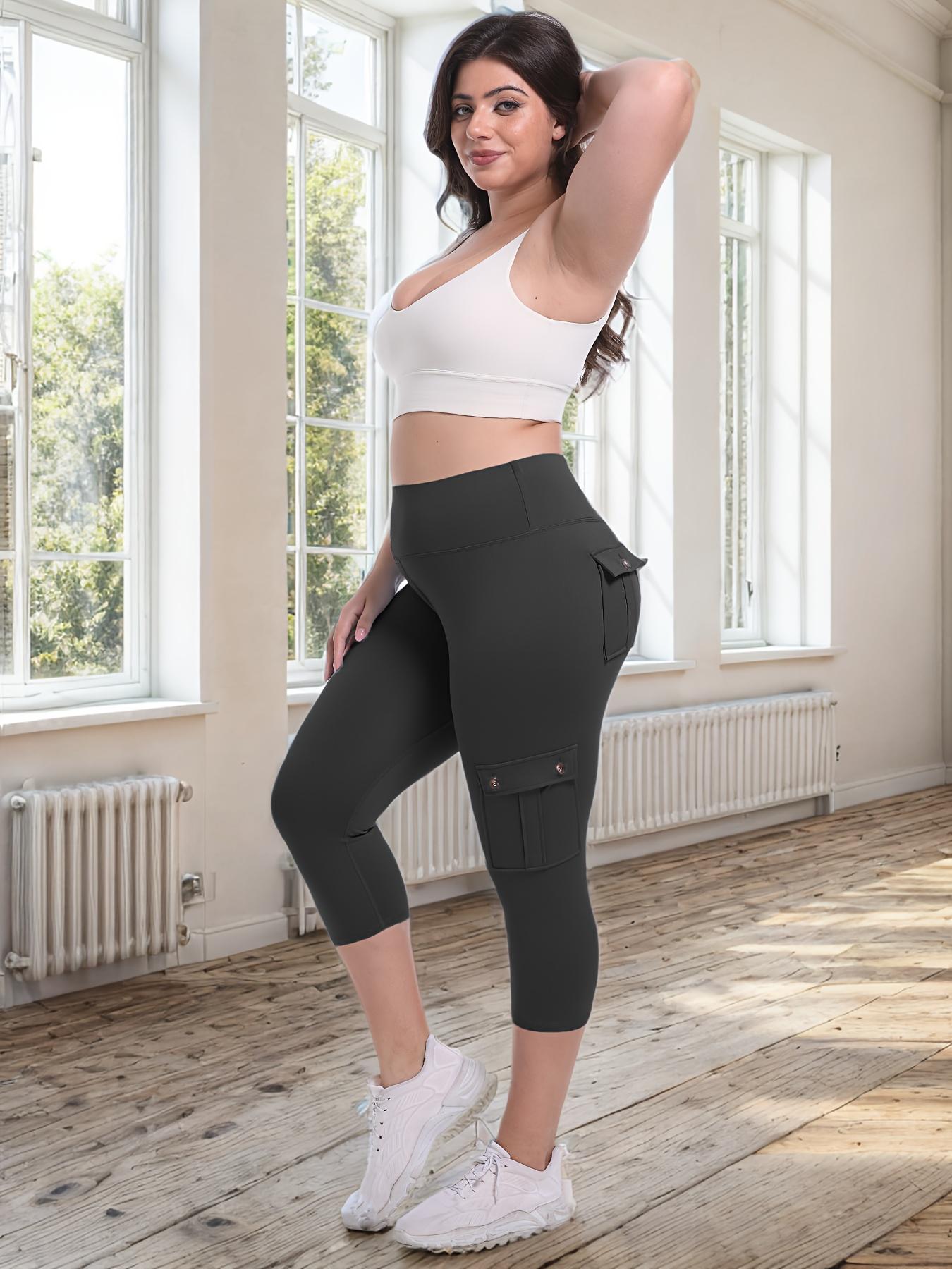 [2pcs High Waist Yoga Pants] JEGGE 2pcs High Waist Yoga Capri Pants Set, 4-Way Stretch Butt Lifting Tummy Control, Spandex Material, 4 Button Pockets, Solid Color, Three-Quarter Length, Sports Style for Workout Running, Spring/Summer Collection, Workout L