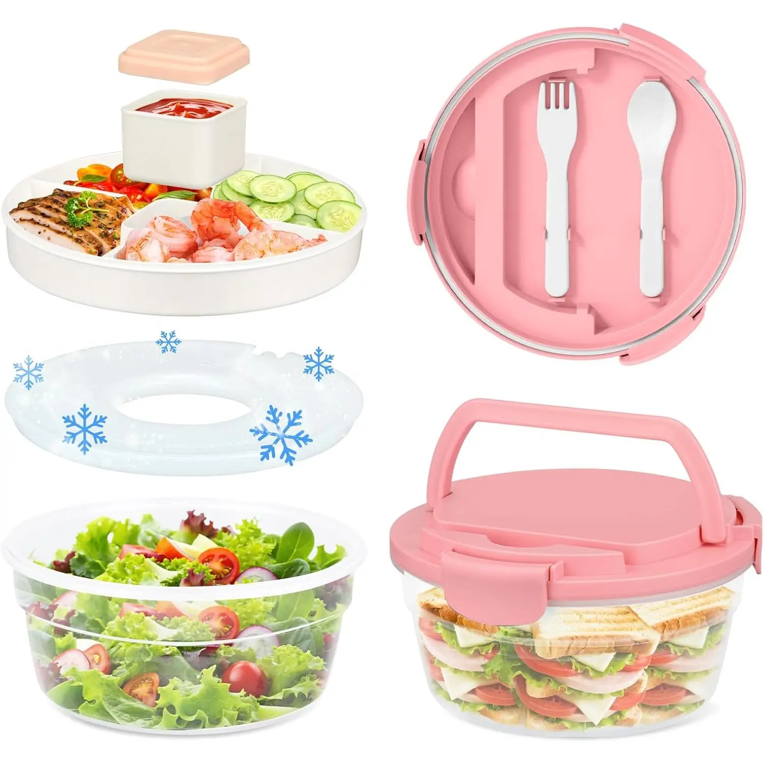Salad Container for Lunch, Bento Lunch Box 58-oz with 4 Compartments Tray and Ice Pack, Leak-Proof Salad Bowl with Lid for Adults,  Lunch Box for Meal Prep &  Storage ()
