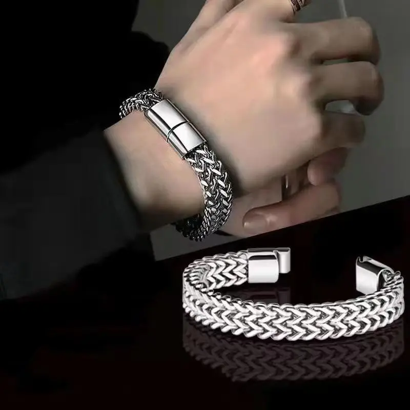 8mm Stainless Steel Braided Double Row Fish Scale Alloy Bracelet with Magnetic Buckle
