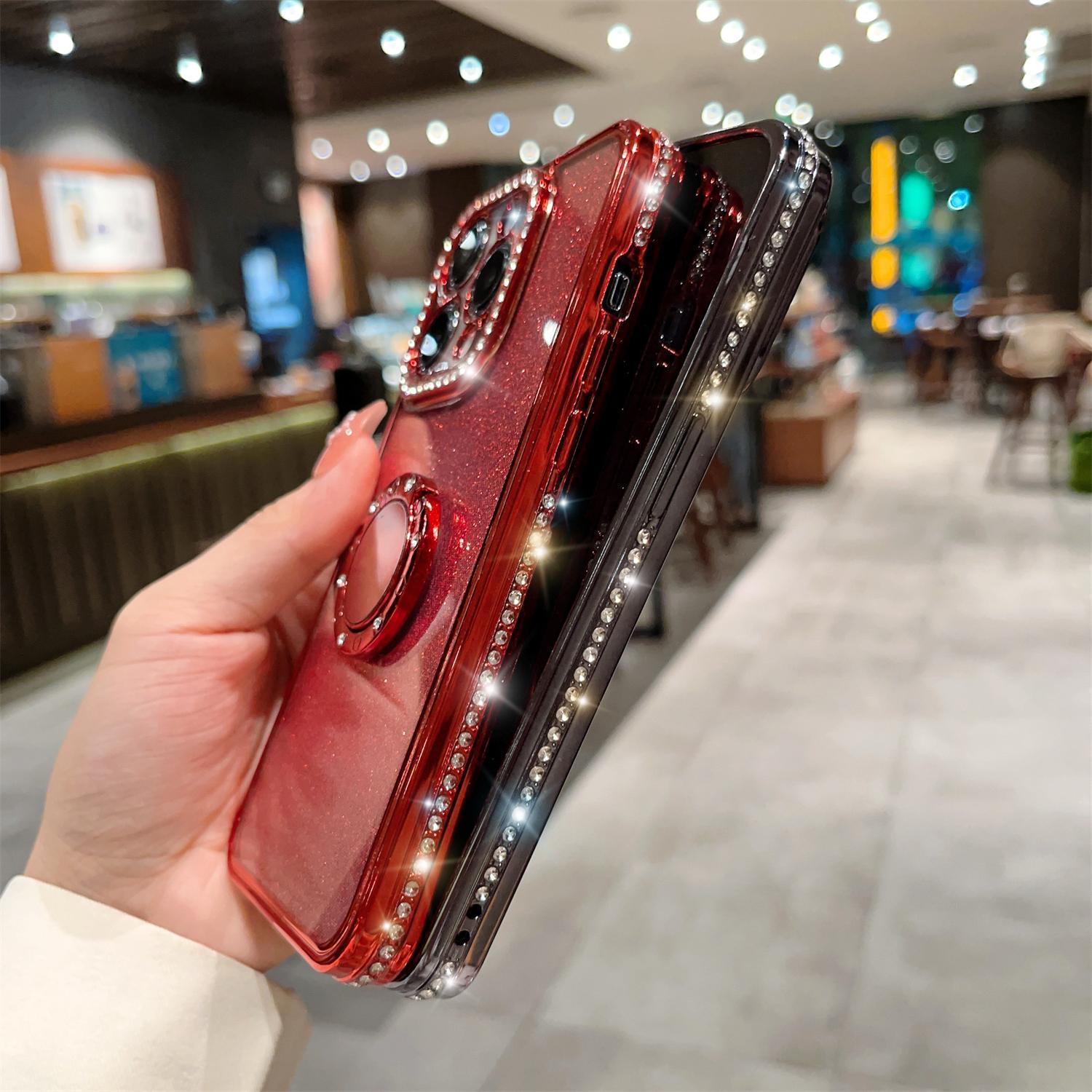 Bling Glitter Ring Case For iPhone 16 15 14 13 12 11 Pro Max Ring Holder Kickstand Case Plating Bumper Cover with Camera Lens Protector