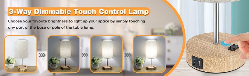 Black Touch Control Table Lamp Set of 2, with 2 USB Charging Ports&AC Outlet, 3-Way Dimmable Bedside Nightstand Lamps with Fabric Lampshade Modern Mood Lighting for Reading, Bedroom, Living Room, A19 LED Bulbs Included