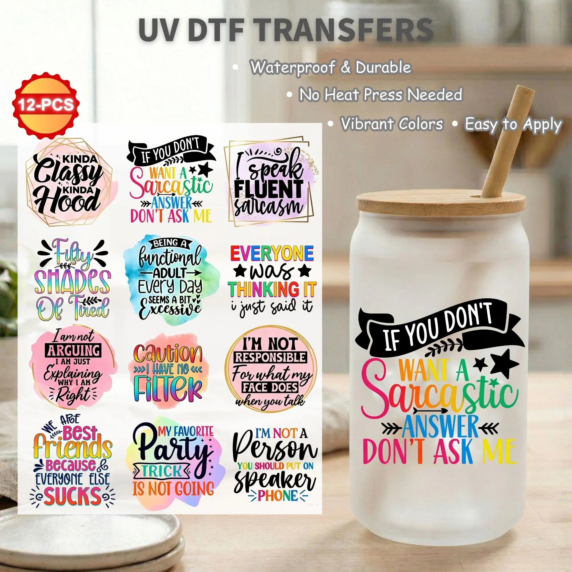 12pcs UV DTF Cup Wrap Bundle for 16oz Libbey Glass Can, Waterproof Rub on Transfers, Christian Cross & Inspirational Quotes Decals, Cup Stickers