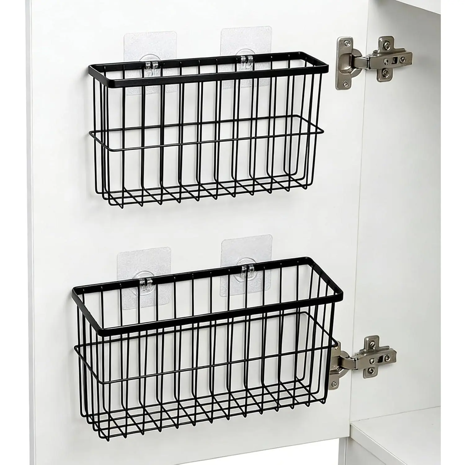 FAMNONE 2 Pack Adhesive Cabinet Door Organizer – 5.9" Deep Lid Organizer for Cabinet, No Drill Wall Mounted Storage Box for Pantry Door, Kitchen & Bathroom Space Saving Organizer