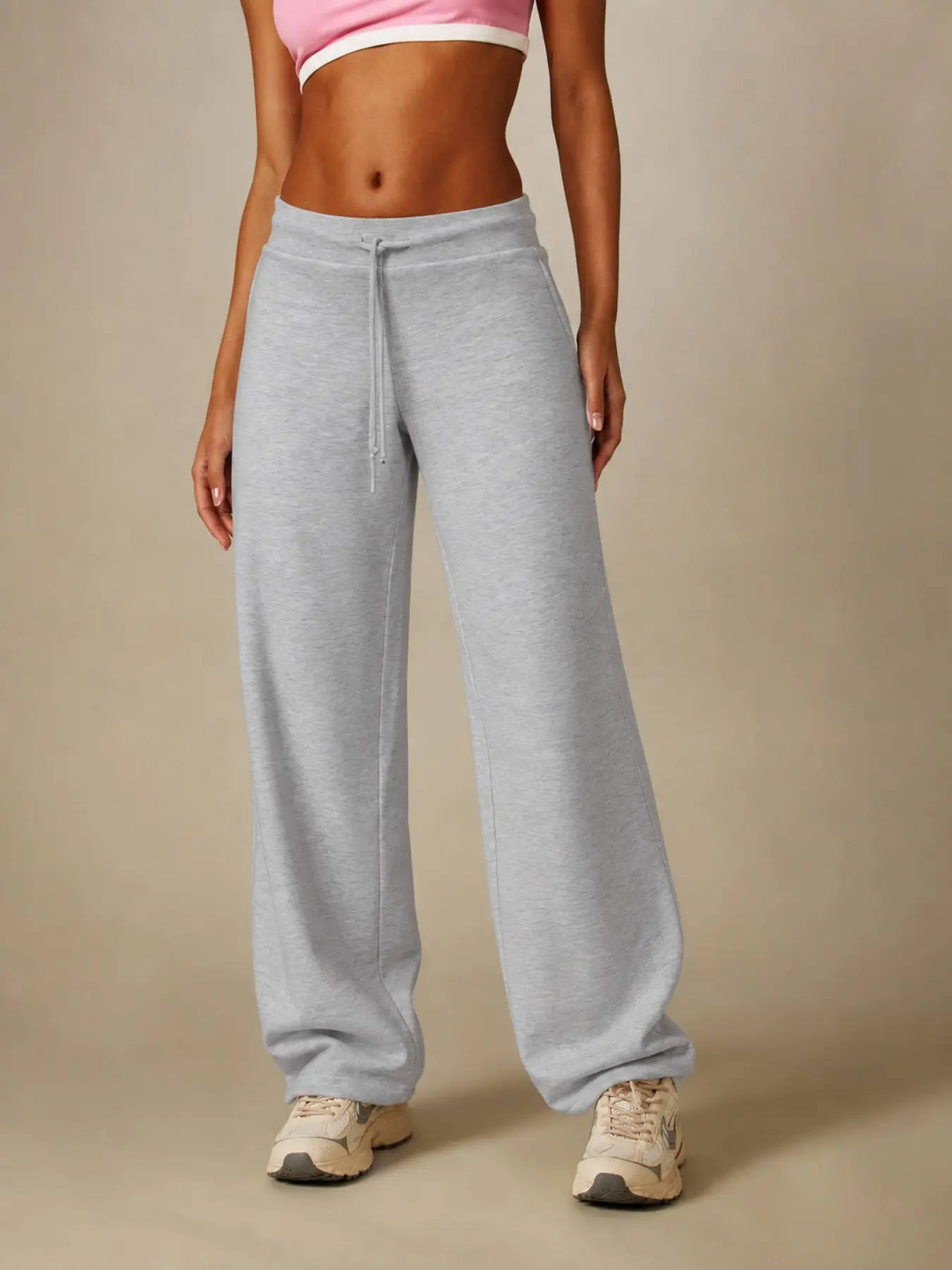 Women Light Grey Drawstring Wide Leg Sweatpants High Waist Loose Casual Straight Trousers Street Loungewear Knit