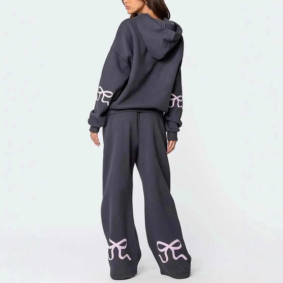 Women’s Bow Graphic Hoodie Tracksuit Set, Oversized Long Sleeve Hooded Sweatshirt and Wide-Leg Sweatpants, Thick Casual Fall Winter Two-Piece Outfit