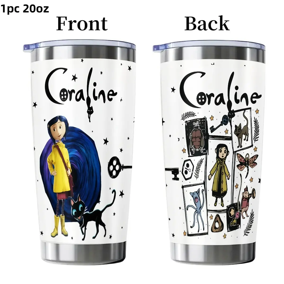 1pc 18oz/20oz Coraline Full Wrap Print Tumbler, Stainless Steel Vacuum Insulated Travel Mug with Lid, Spooky Halloween Coraline Movie Character Cup, Gift for Horror Animation Lovers