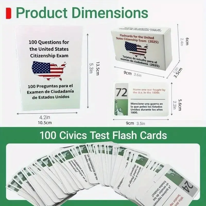 Us Citizenship Flashcard Set, English/spanish, Naturalization Study Guide, 100 Questions & Answers, Bilingual Manual Combo
