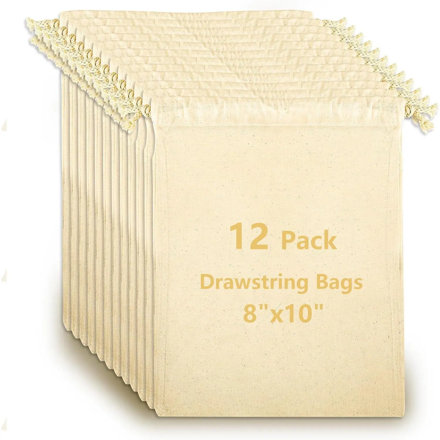 12 Pack  Muslin Drawstring Bags 8x10 inch,  Cloth Bags for DIY Tie-Dye Projects,  Wrap Bag, Produce and Drawstring Christmas Bag, , Lightweight
