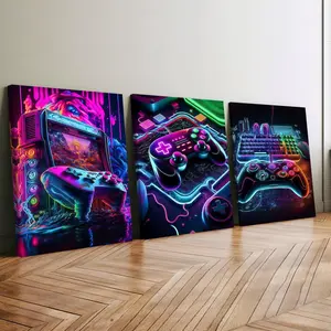 3-count wooden frame canvas, neon cyber game controller e-sports cool three-in-one poster, fashionable art, modern art, home decoration painting, exquisite living room, bedroom and office wall art, waterproof art