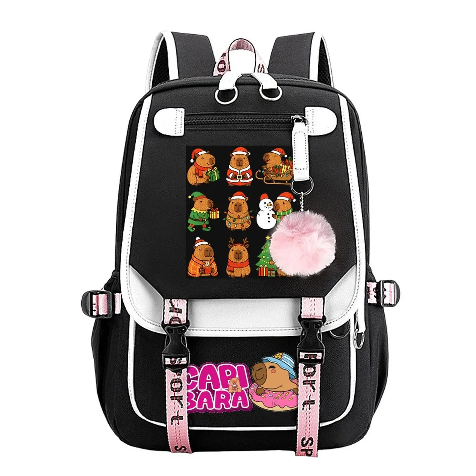 Unisex Animal Theme Cotton Linen Capybara Christmas Print Backpack, Teen Student School Bag, Large Capacity, Water-Resistant Durable, Multi-Pocket Organizer, Ideal Birthday/Holiday Gift, 11.4in × 18.1in, Zipper