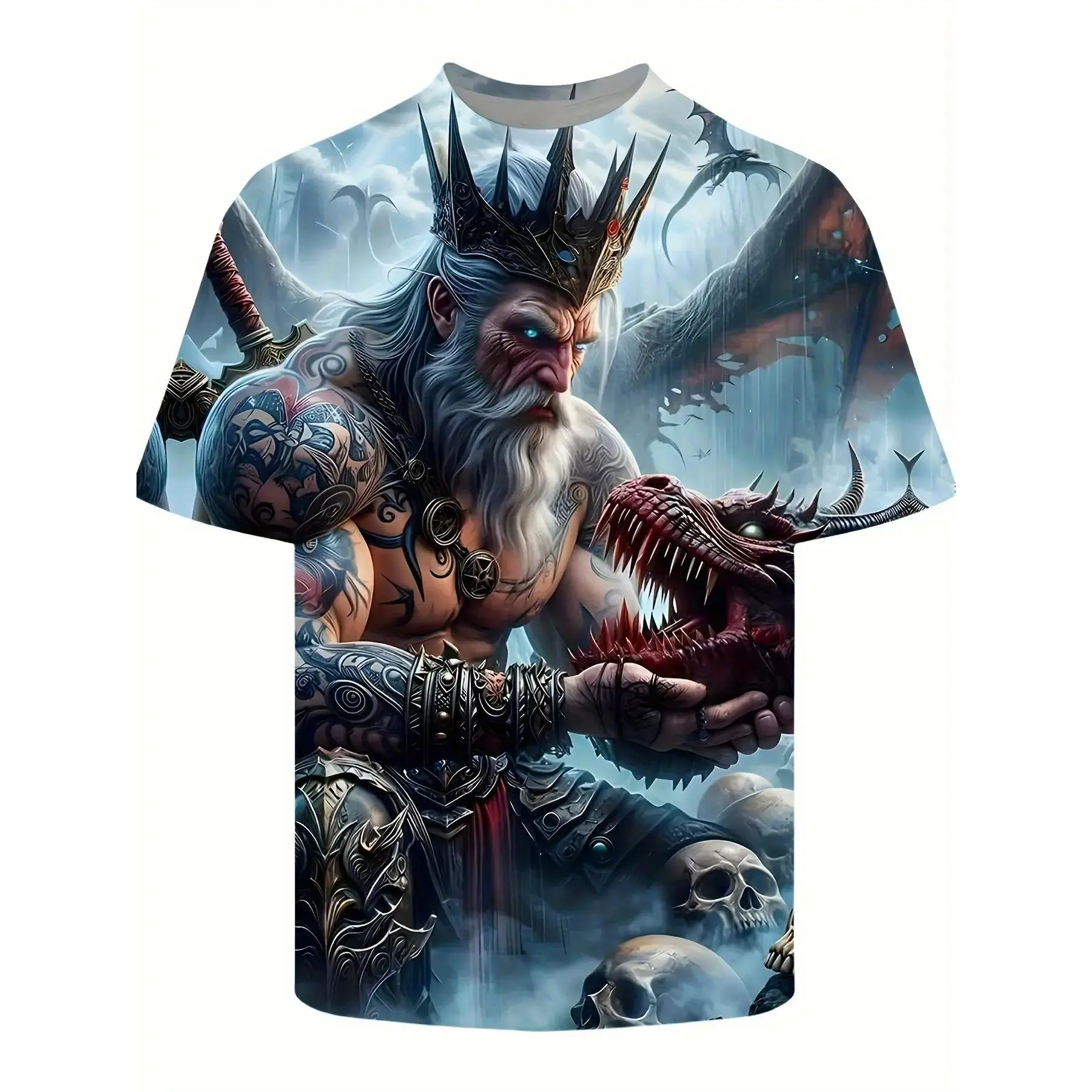Men's 3D Fantasy Dragon Warrior Pattern T-shirt-Bright Cartoon Print, Breathable Summer T-shirt, Regular Style Casual Shirt, Machine Washable, Summer Casual Wear| Bold Pattern T-shirt| Machine Washable Tops, PLUS SIZE