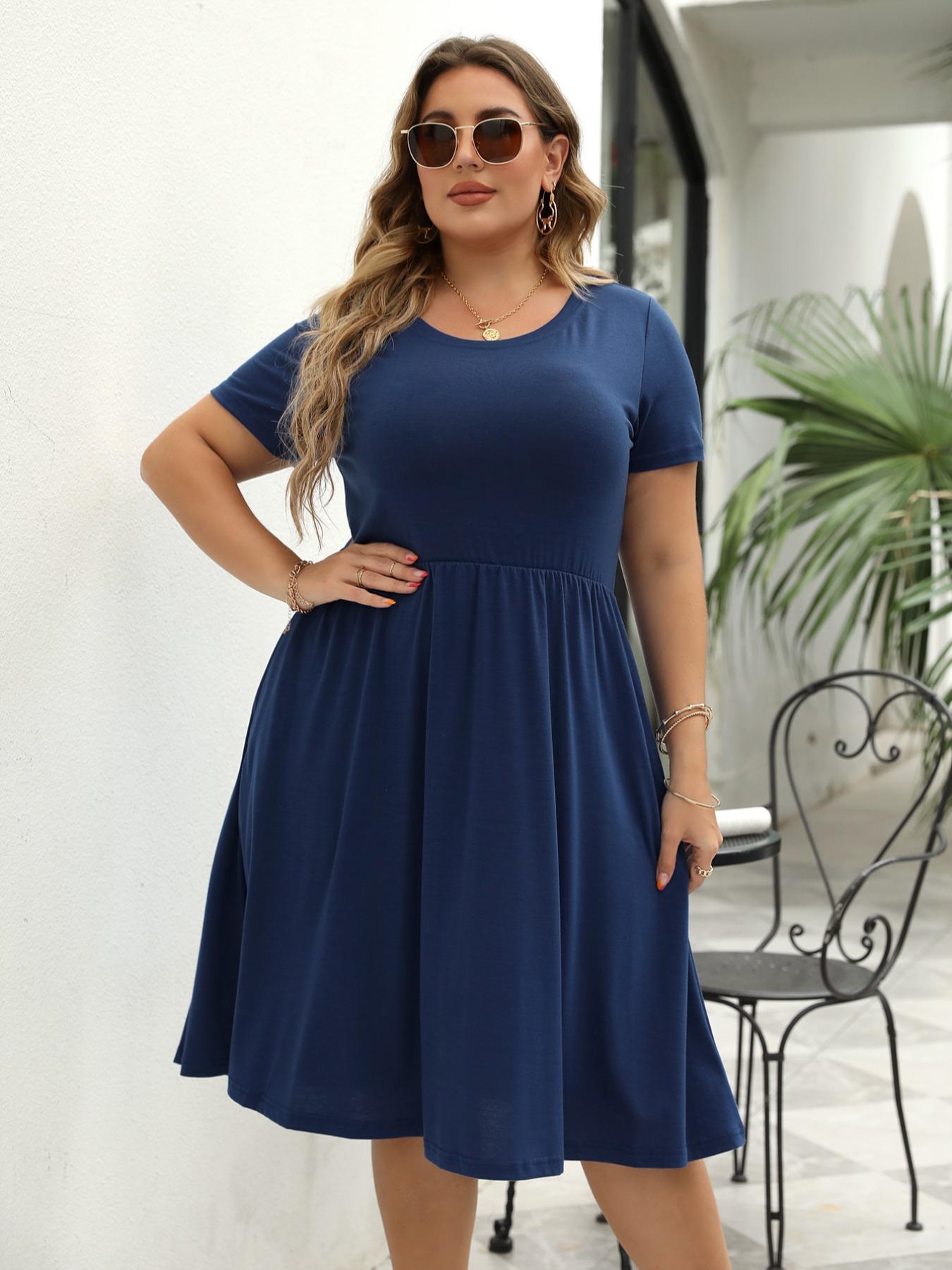 【Plus Size】Plain Pocket Round Neck Tee Dress, Summer Clothes Women, Women's Casual Short Sleeve A Line Dress for Summer, Lady Plus Size Clothing for Daily Wear, Summer Dresses, Casual Fit Dress