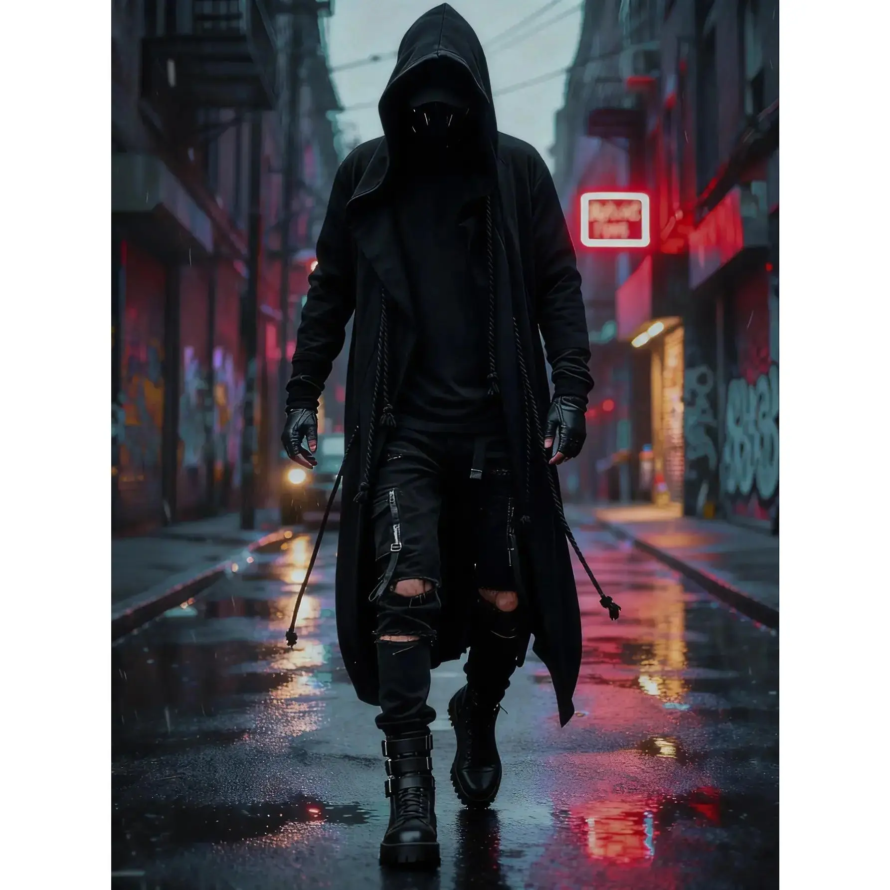 Men's Hooded Streetwear Jacket, Urban Tactical Punk Cloak, Open Front Long Cardigan with Pockets, essential piece, everyday wear, wardrobe staple, must have item, trendy style, wardrobe essential, must have piece