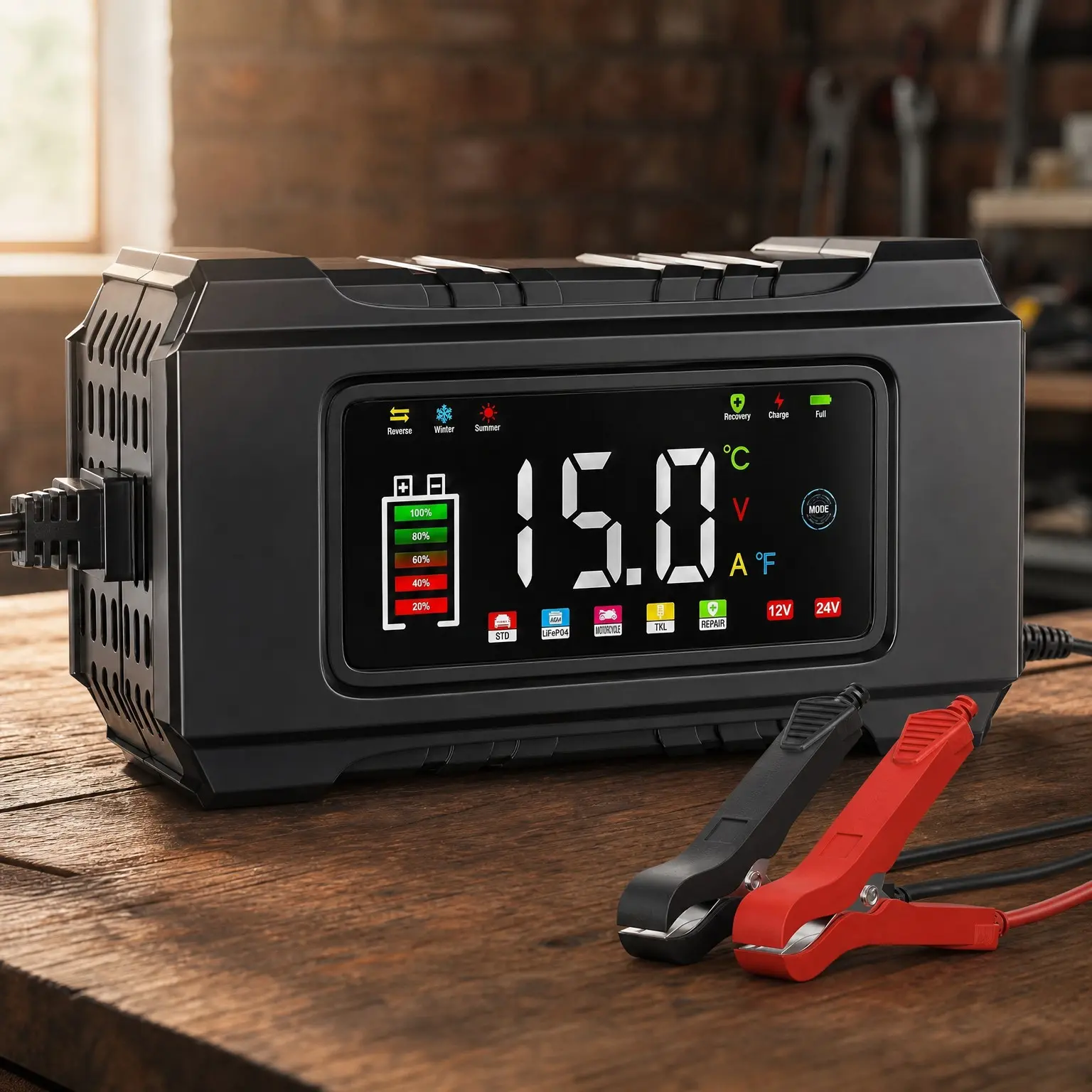 15-Amp 12V/24V Fully Automatic Smart Battery Charger, Maintainer & Trickle Charger for LiFePO4 & Lead Acid Batteries, 9-Stage Charging with Temperature Compensation for Motorcycle, Car, Truck, Lawnmower & BoatGift