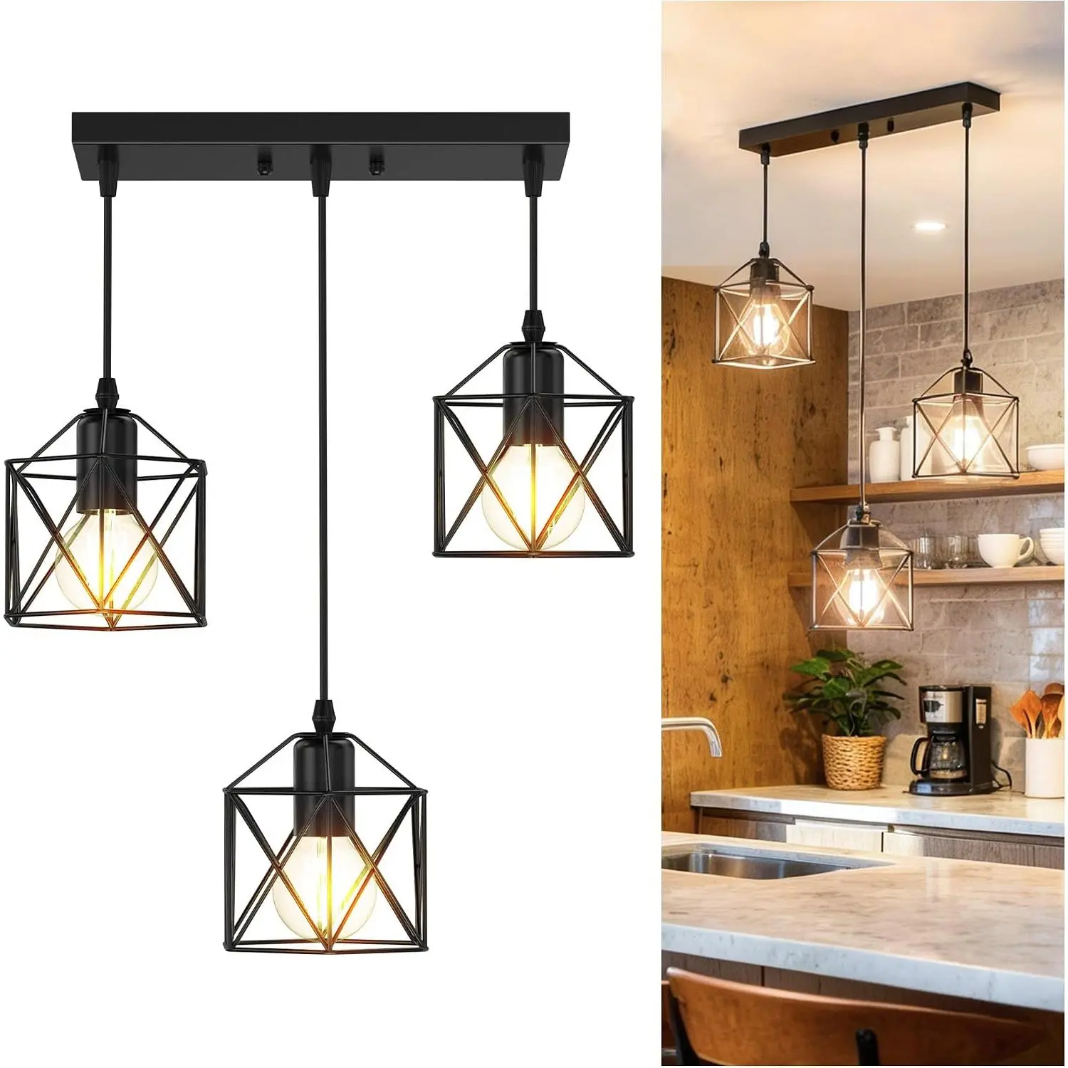 3-Light Industrial Pendant Lamp, Rustic Farmhouse Hanging Ceiling Fixture with E26 Base, Adjustable Height, Matte Black for Kitchen Island, Bright Daylight Dining Room Lighting