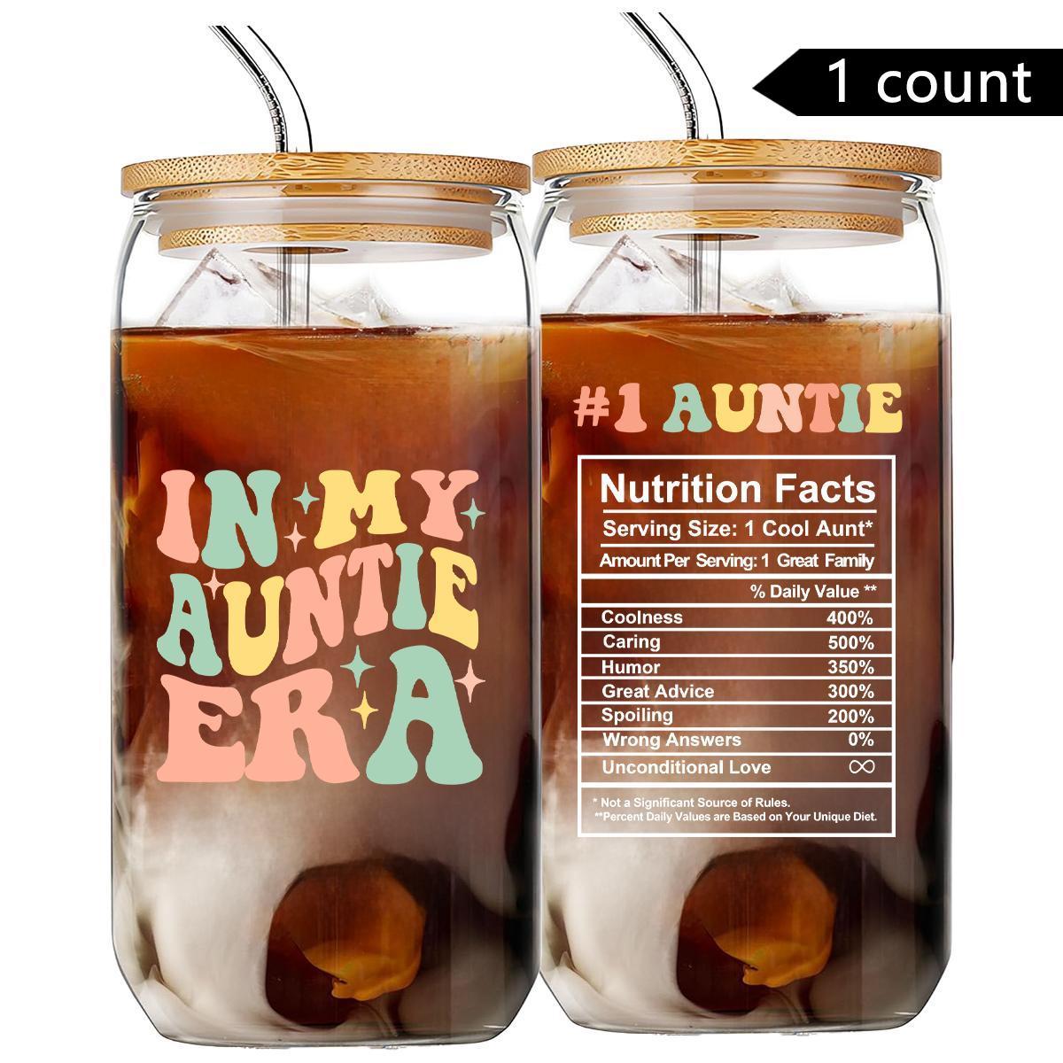 Portable 16oz Glass Cup with Straw & Brush, 1 Count Letter Pattern Coffee Cup, Drinking Cup for Home Office Use, Gift for Aunt, Birthday Gift, Tumbler Serving, Mom Tumbler, Kitchenware