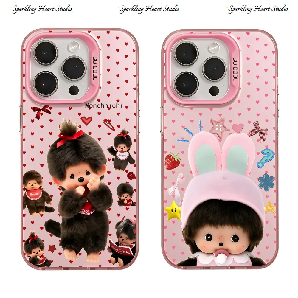 Fashion Polka Dots Cute Monchhichi Phone Cases For iPhone 17 16 15 14 13 12 Promax Pro Plus Air Aesthetic Anti-Drop Pink Imd Mattle Casing Cover Shells Daily Accessory Gift