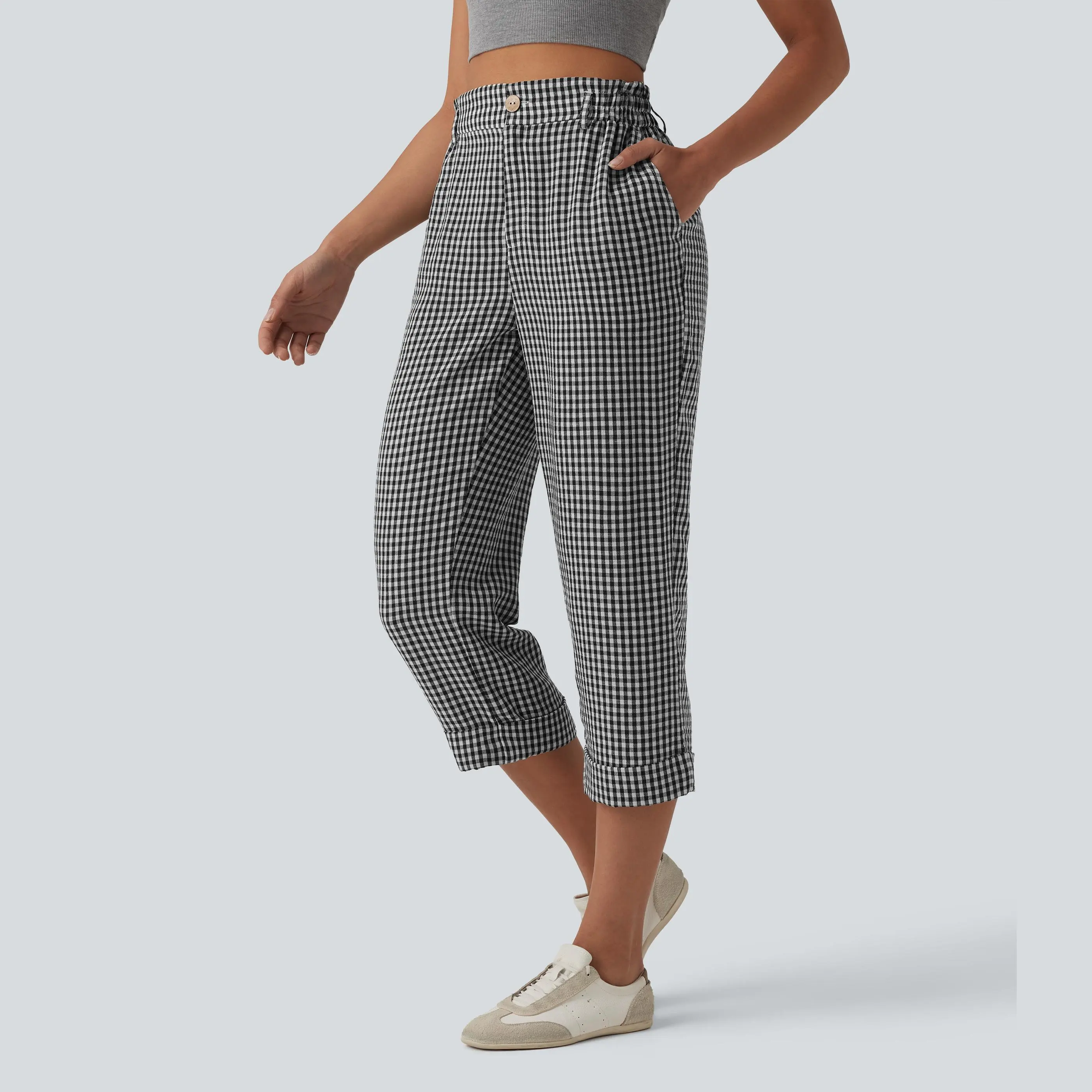 Halara High Waisted Cropped Plaid Casual Linen-Feel Pants with Pockets