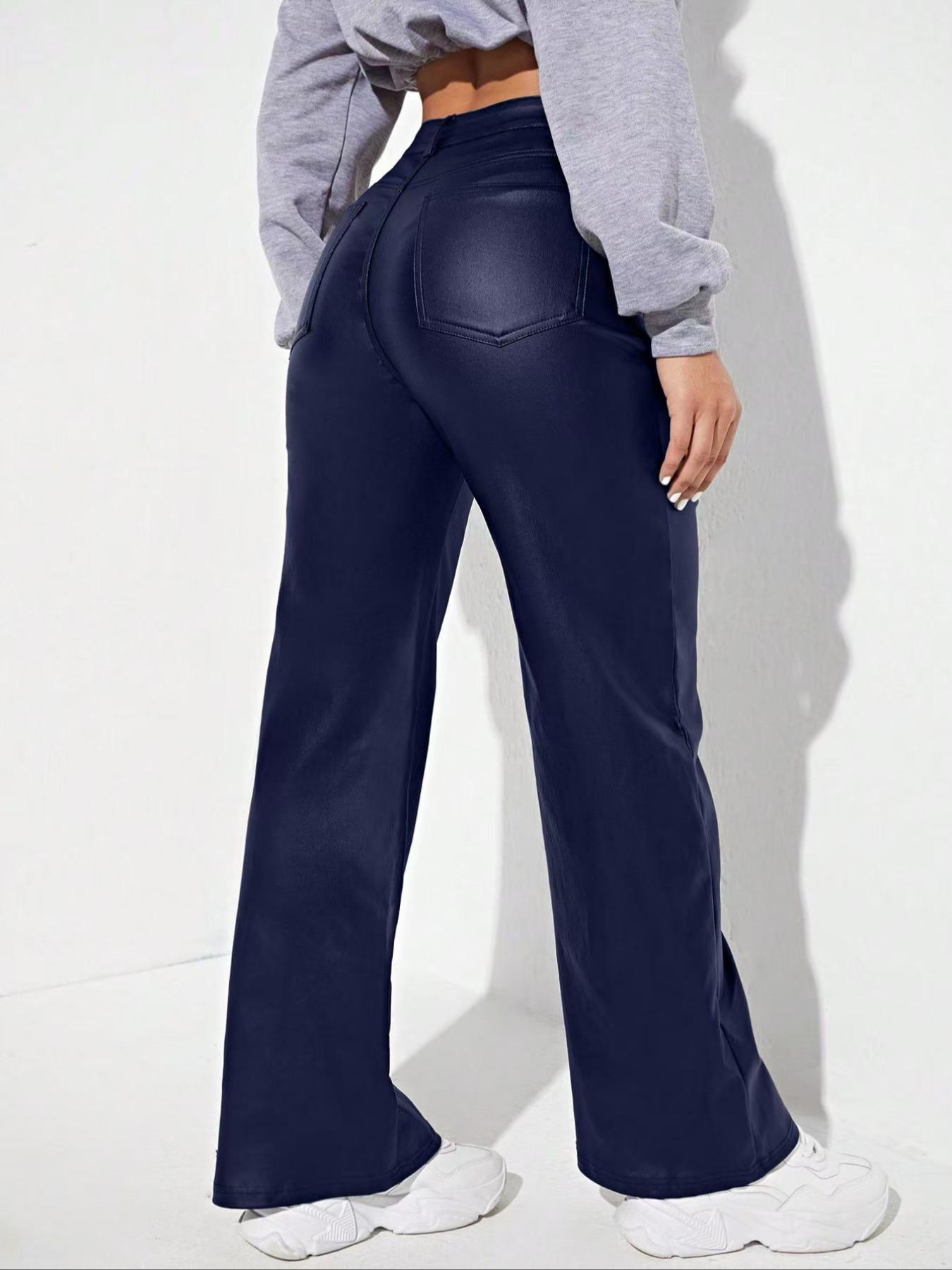 Women's Solid Color Button Fly Faux Leather Pants with Pocket, Fashion Aesthetic Casual High Waist Fit Trousers for Daily Outdoor Wear, Ladies Bottoms for All Seasons