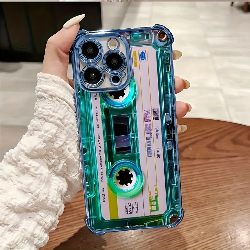 Phone Case - Unique blue-green transparent cassette-inspired phone case, compatible with iPhone 17, 16E, 16, 15, 14, 13, 12, 11, Mini, Pro, Max, Air, X, XR, XS Max, 8, 7, and Plus. Shock-resistant transparent soft case.