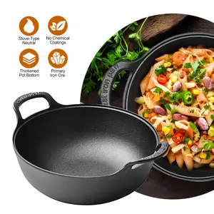 Pre-Seasoned Cast Iron Wok with Dual Handles, Heavy Duty Cast Iron Stir Fry Pan for Grilling, Roasting & Frying, Oven Safe, Compatible with Induction, Gas & Grill