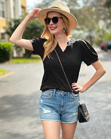 WIHOLL Women's Pleated Puff Sleeve Tops Summer V Neck Tunic Shirts Loose Curved Hem Blouses Dressy Casual S-3XL SpringStatements