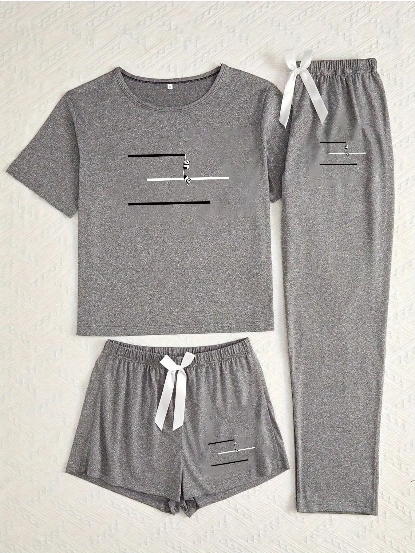 Three-Piece Pajama Set for Women, Cartoon Horizontal Stripe Panda Print, Casual Loose-Fitting Sleepwear, All Seasons Comfort