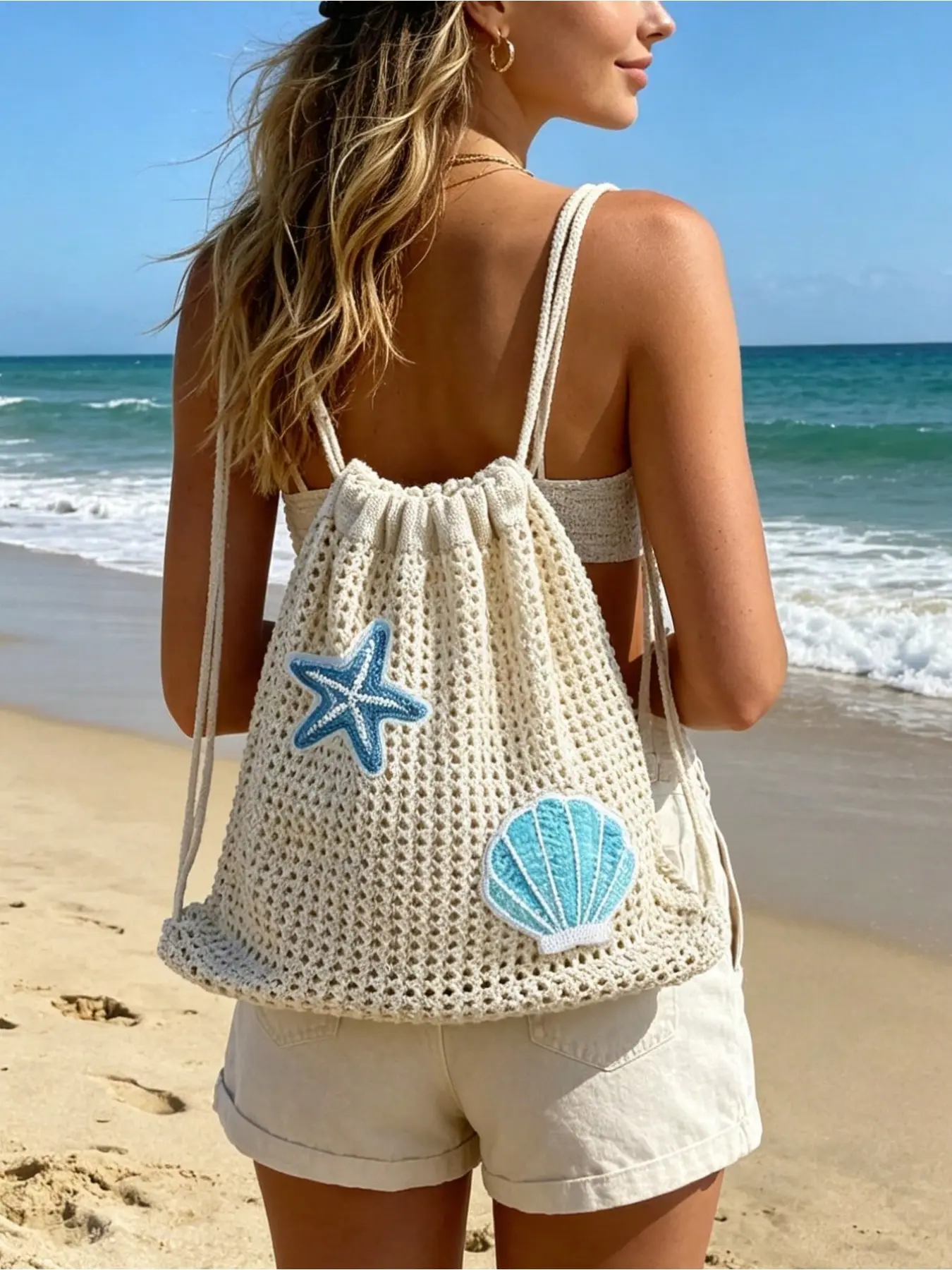 Bohemian style knitted drawstring backpack, cute ocean animal embroidered beach bag, lightweight breathable summer backpack, vintage casual crocheted backpack, portable travel vacation storage bag