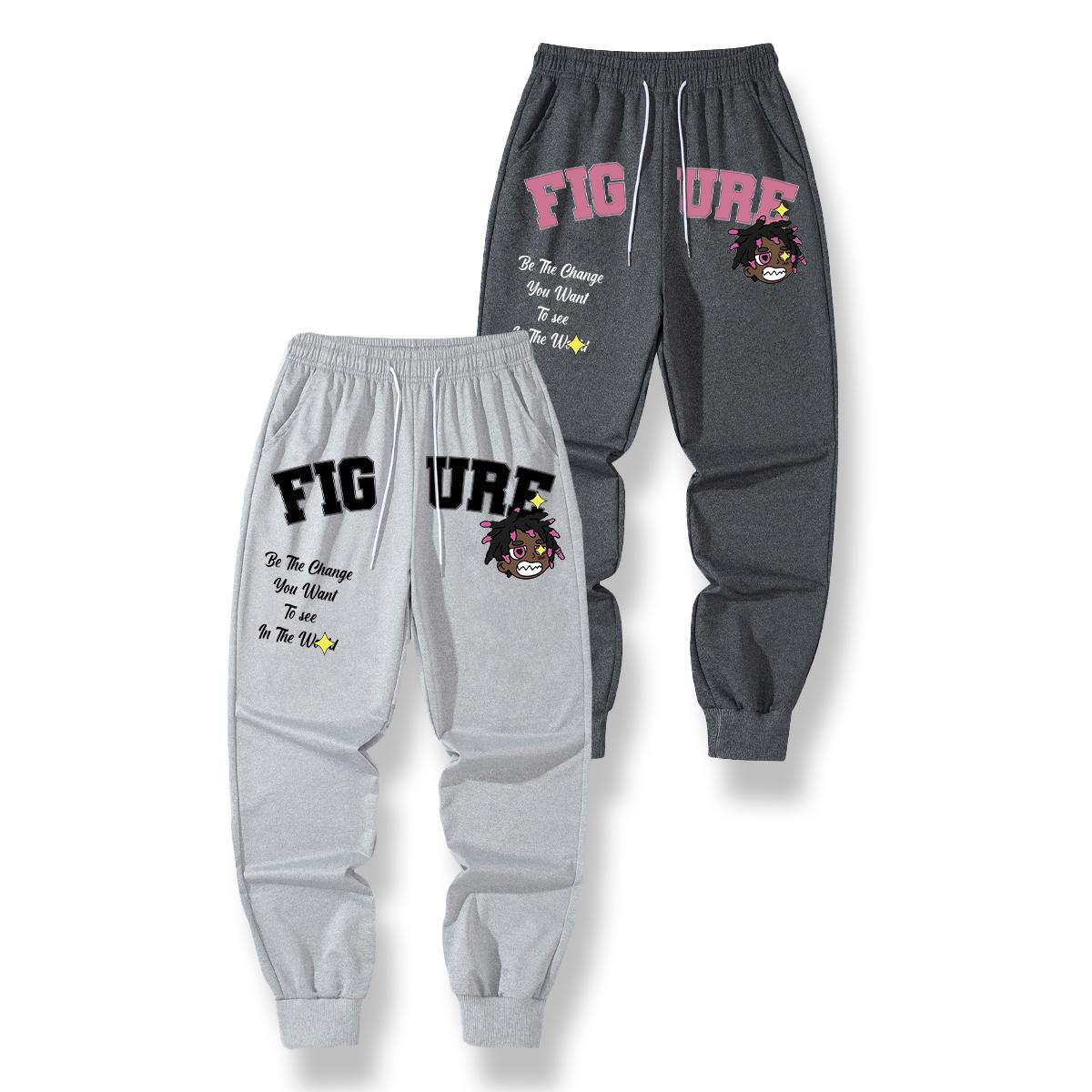 Men's Relaxed Fit Ribbed Hem Joggers - Casual Comfy, Streetwear, Stylish Soft Joggers with Distinctive FIGURE Doodle Print and Inspirational Slogan "Be The Change You Want To See In The World" for Thoughtful Wardrobe Addition, Casual Comfy Joggers