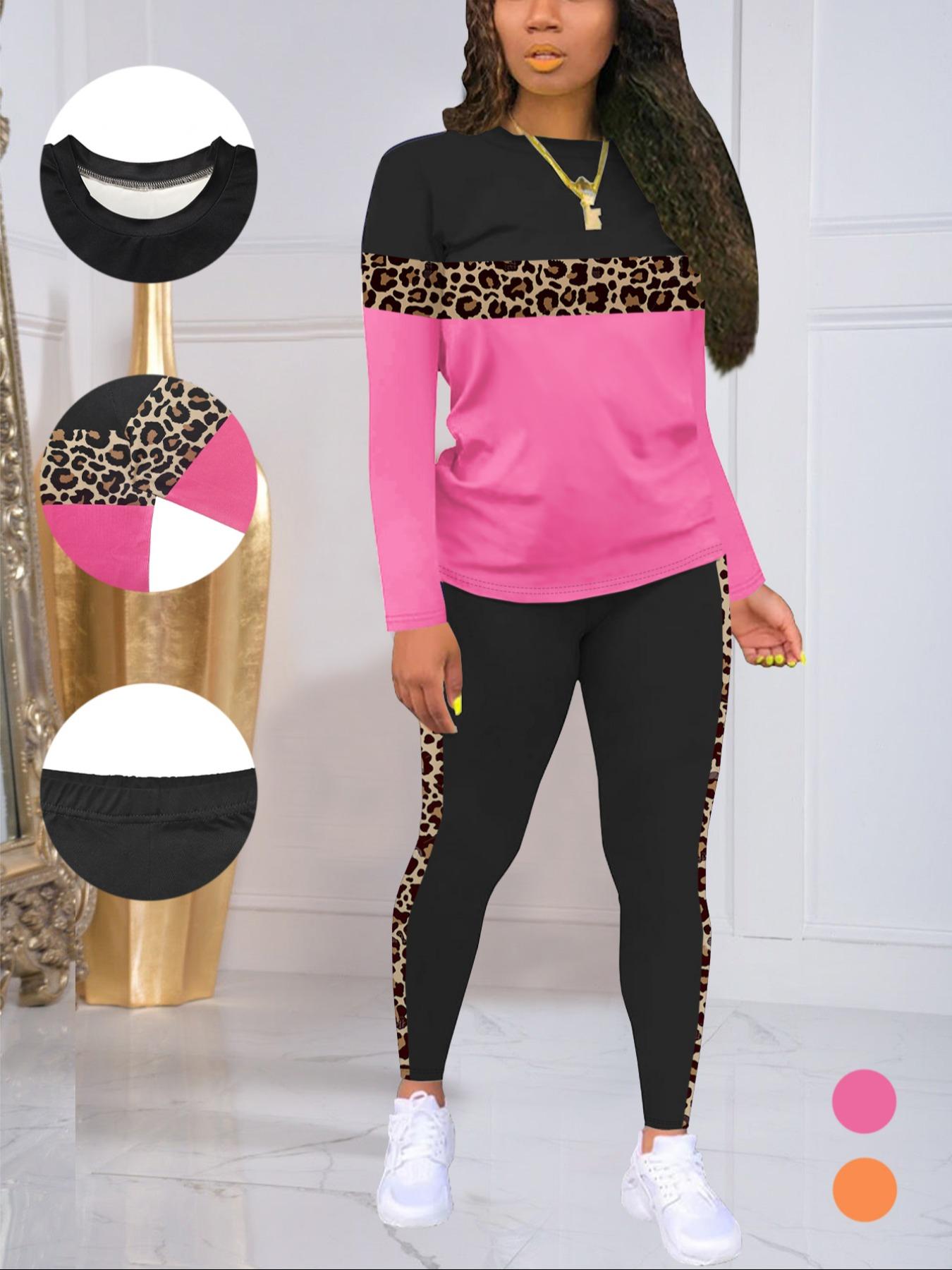 2 Piece Women's Long Sleeve Top & Pants Set for Winter, Leopard Patchwork Home Party Leisure Wear