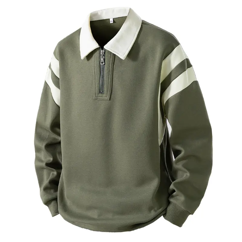half‑zip polo sweatshirt with contrasting brown lapel collar, dual brown stripe panels on both sleeves, ribbed cuffs, relaxed loose silhouette, soft textured fabric, preppy vintage casual long‑sleeve pullover for men daily commuter styling # sohochic