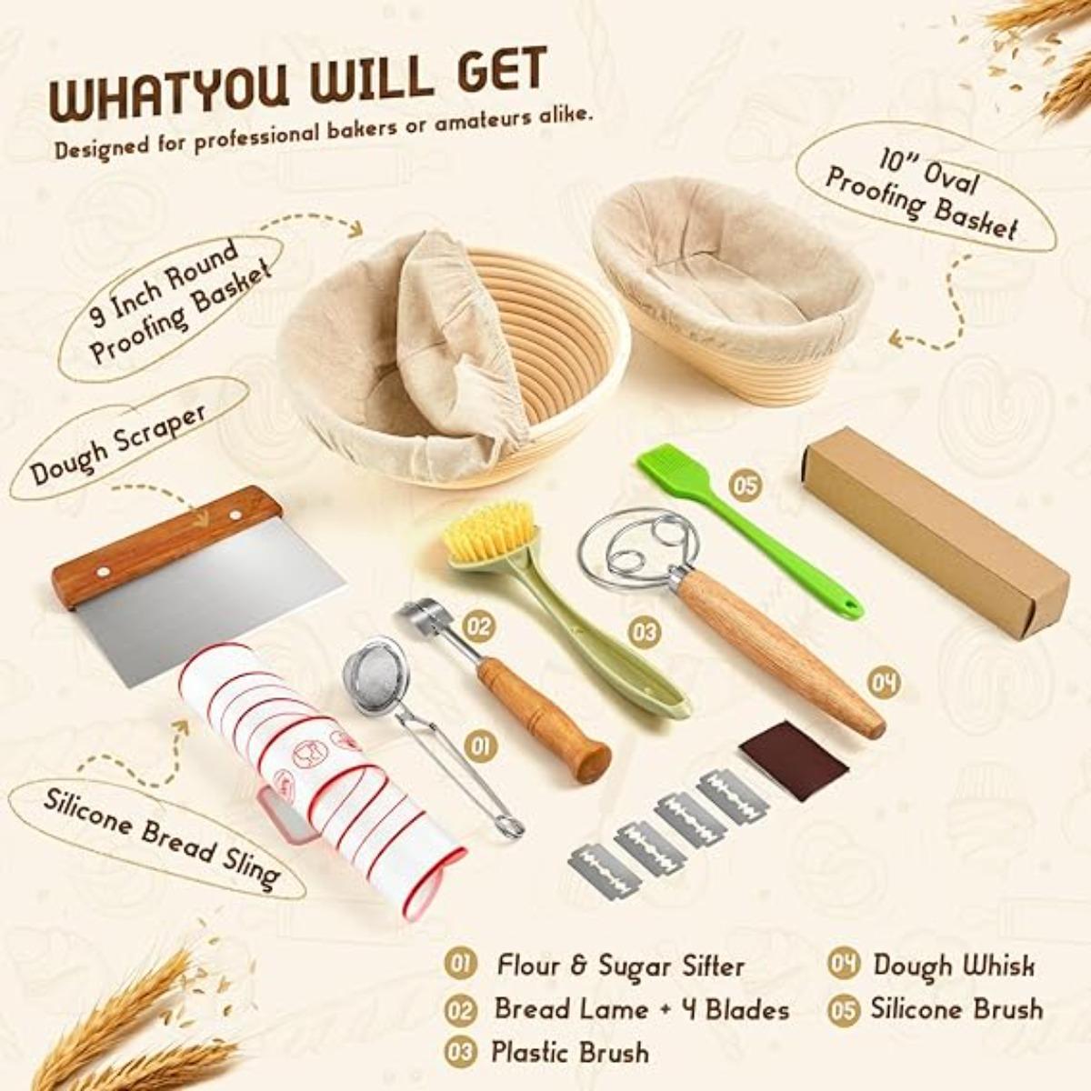 Christmas Gift Banneton Proofing Basket Set, 10 Inch Oval & 9 Inch Round Sourdough Bread Proofing Basket with Sourdough Bread Baking Supplies, Bread Making Kit 8 PCS Christmas Gift Banneton Proofing Basket Set, 10 Inch Oval & 9 Inch Round Sourdough Bread Proofing Basket with Sourdough Bread Baking Supplies, Bread Making Kit 8 PCS