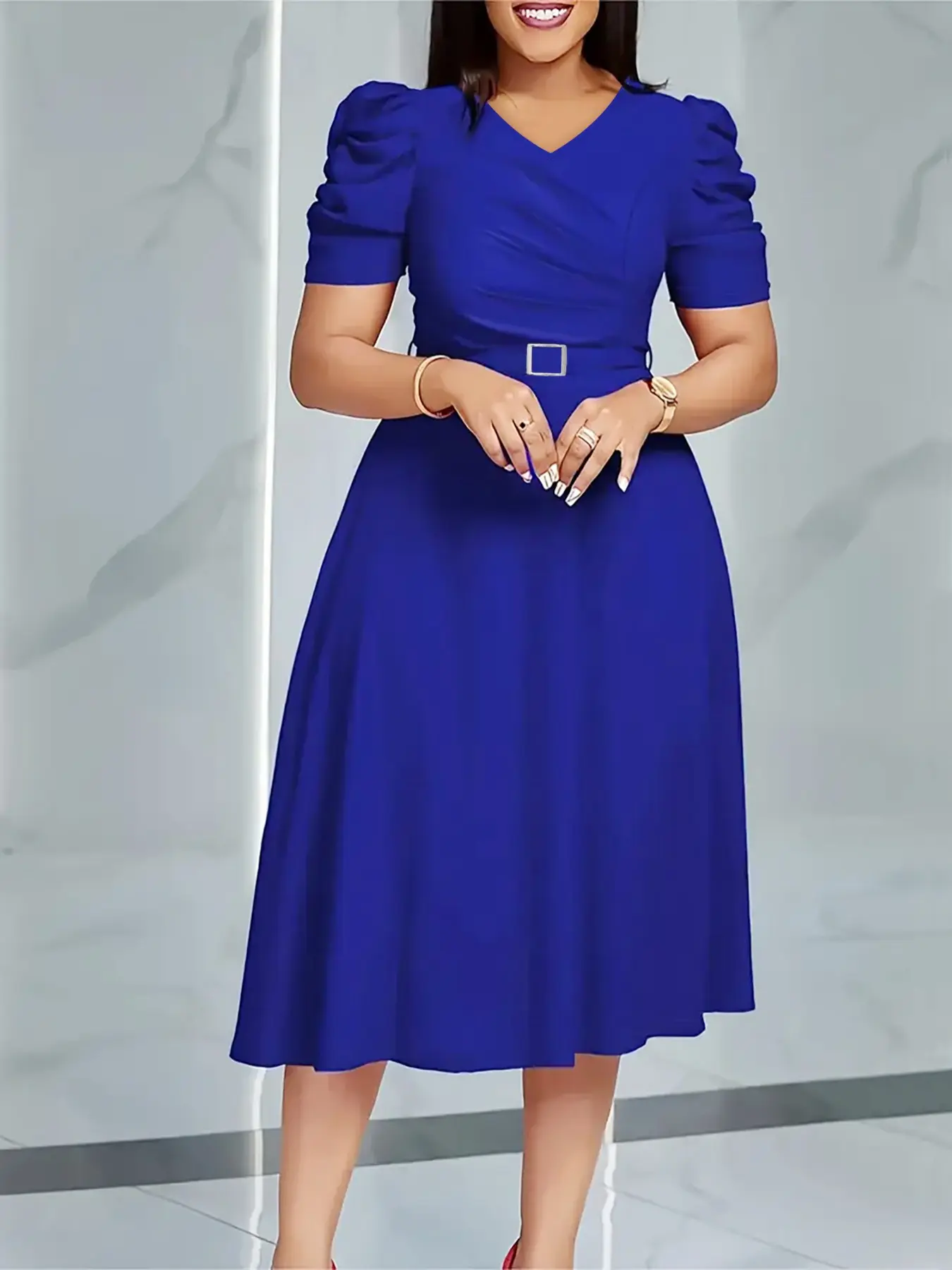 Women's Elegant Midi Dress Short Puff Sleeve V Neck A-Line Dress with Belt Solid Color Fit and Flare Modest Dress Casual Summer Dress Wedding Guest Church Dress Office Work Business Casual Cocktail Party Graduation Teacher