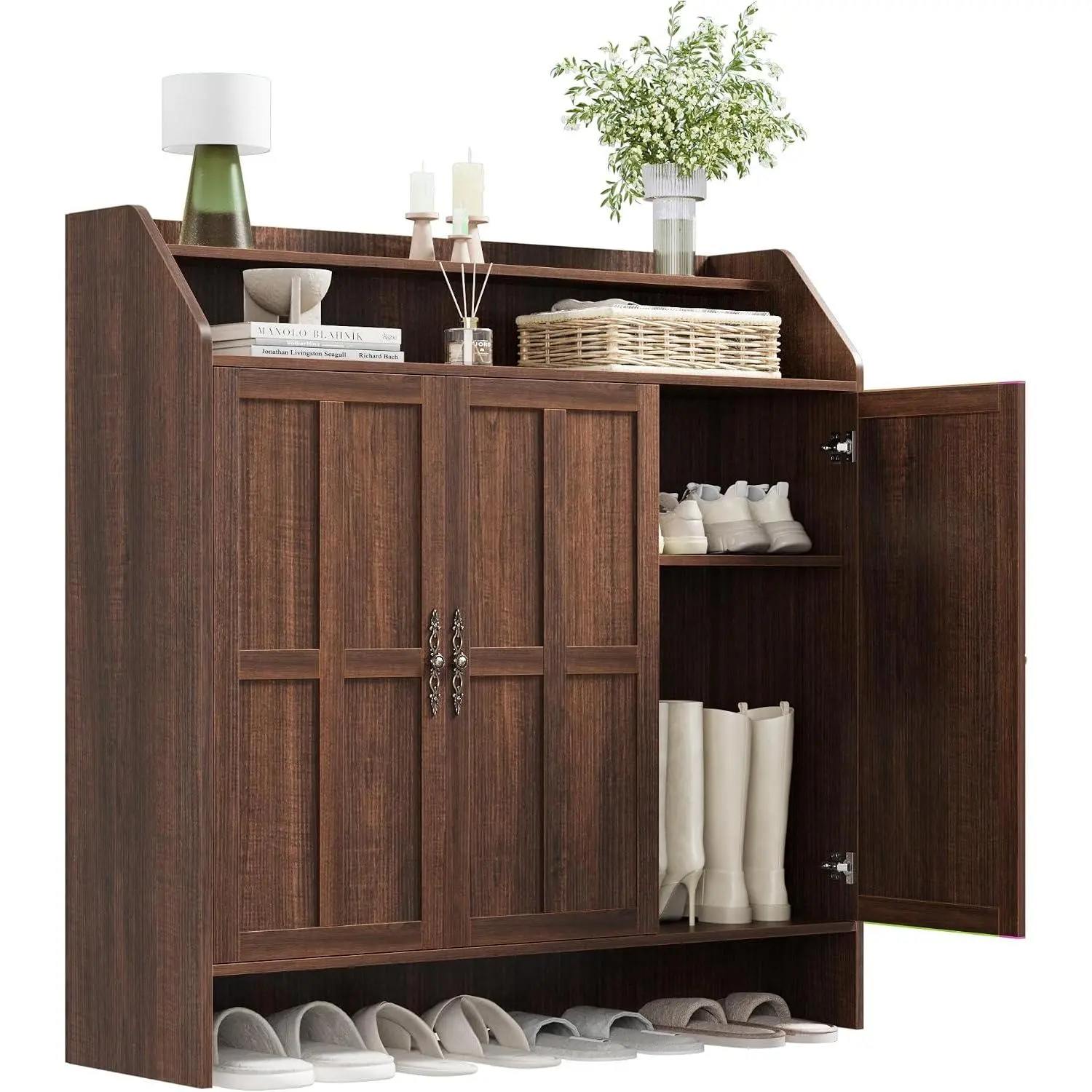 Vintage Wooden Storage Cabinet with Arched Top & Double Panel Doors, Freestanding Accent Sideboard Buffet Cabinet for Entryway