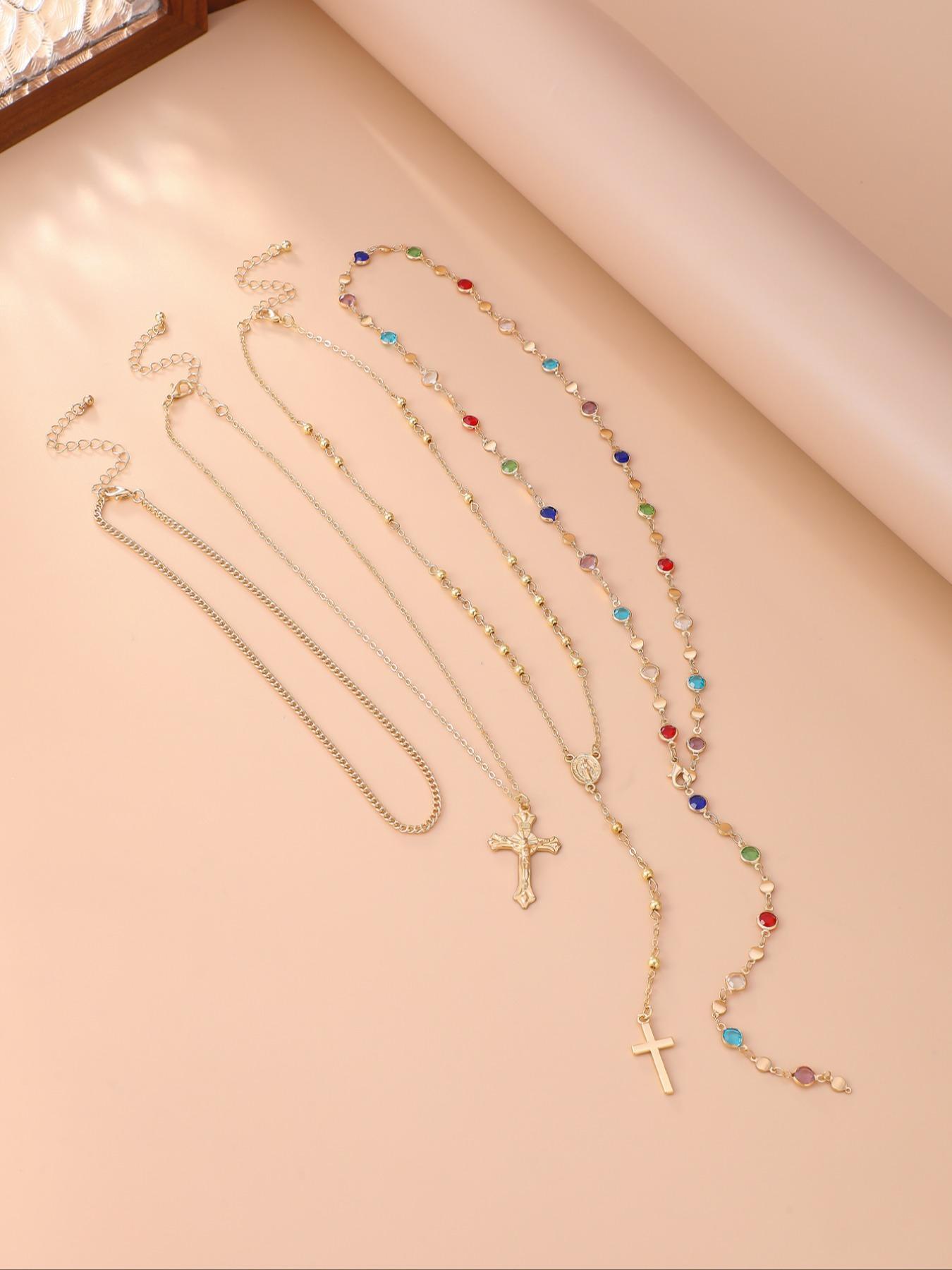 4 Piece Set Vintage Metal Jesus Cross Y-Style Long, Bohemian Style Boho Chic Colorful Crystal Glitter Cross Pendant Jewelry, Perfect Fashion Gift for Women