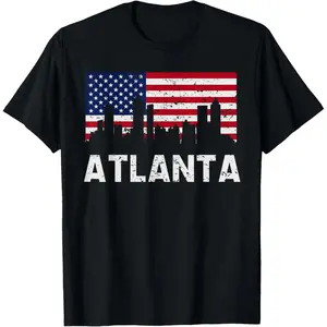 Atlanta GA American Flag Skyline Distressed T-Shirt,retro,unisex,graphic,tee casual crewneck,,cotton,funny,comfortable
