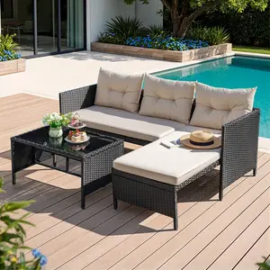 3 Piece Patio Furniture Set, Rattan Outdoor Sofa Set With Chaise Lounge & Loveseat, Soft Cushions, Tempered Glass Table, L-Shaped Sectional Couch