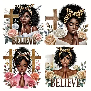 4-Pack Women's Prayer Cross Iron-On Patches, Durable Heat Transfer Stickers for T-Shirts, Jeans, Backpacks, Easy to Apply