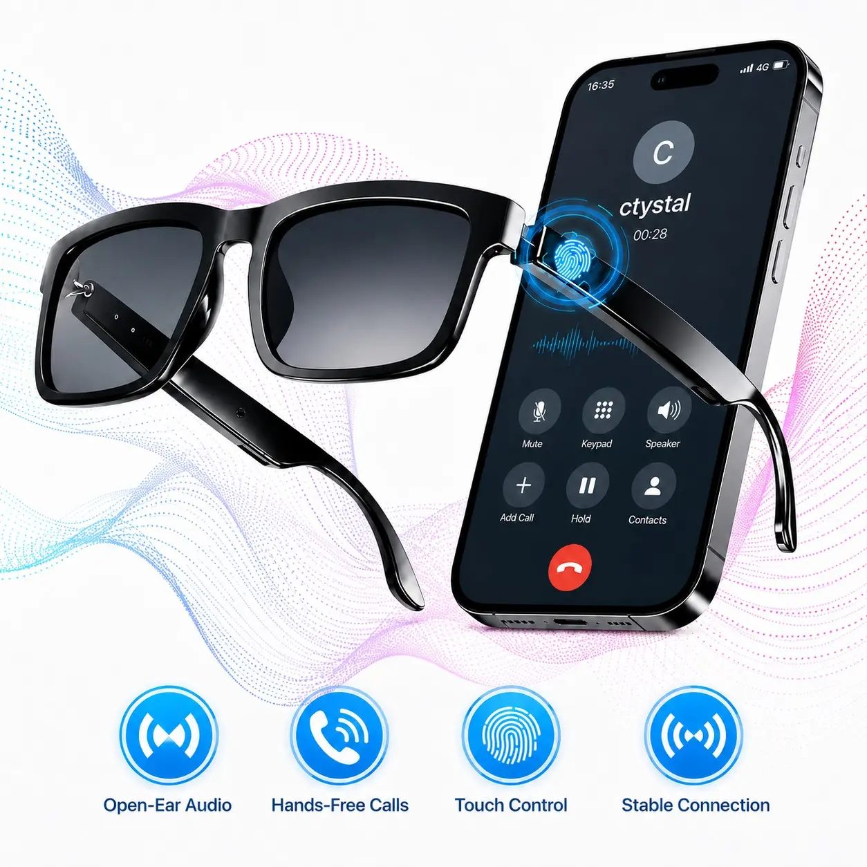 Smart Audio Glasses with Open-Ear Sound, Bluetooth Sunglasses for Men Women, Wireless Music, HD Hands-Free Calls, Touch Control, Voice Assistant for Driving Running Cycling, Rechargeable