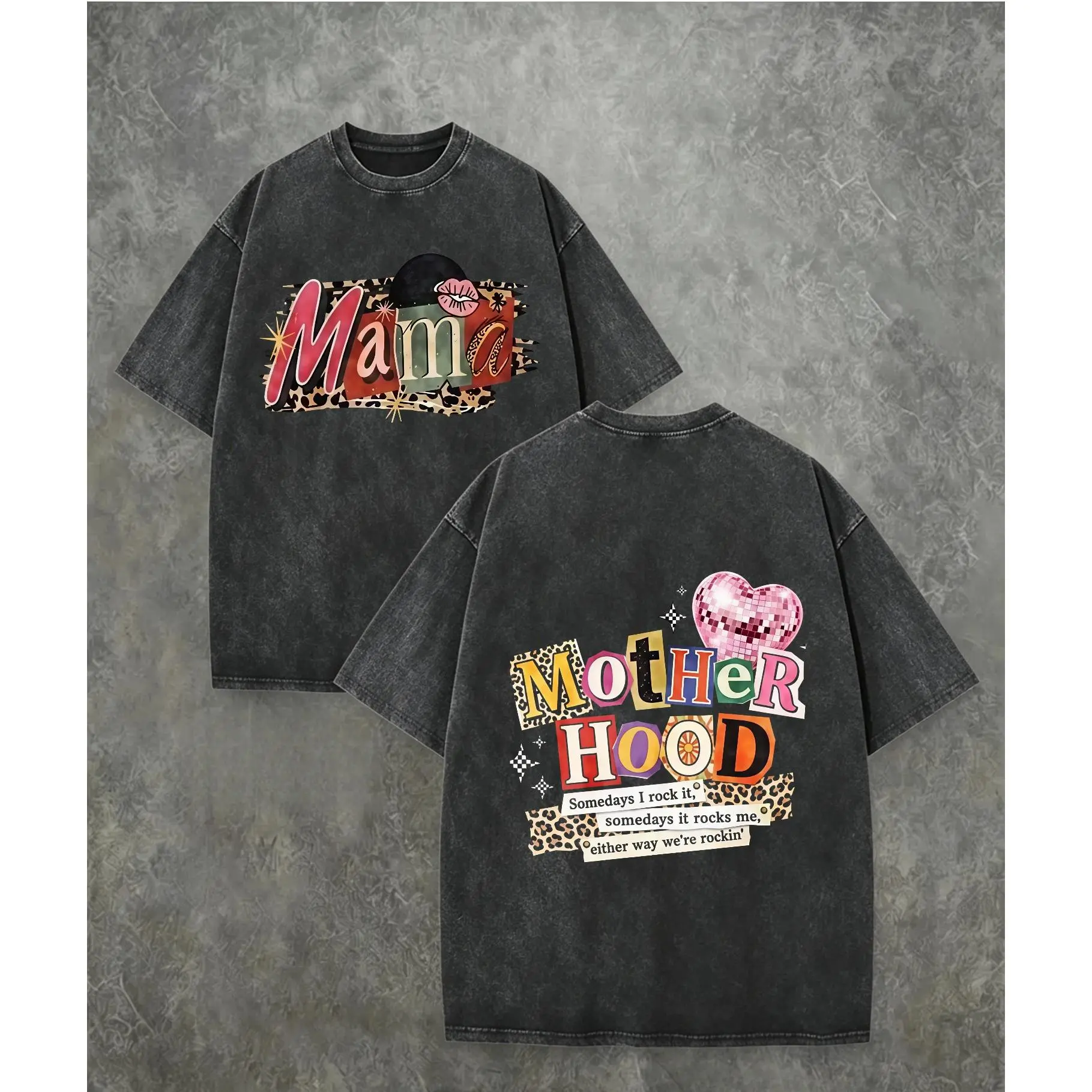 Vintage Washed Mama Motherhood Graphic Tee Double Sided Print Disco Heart Leopard Short Sleeve T-Shirt 100% Cotton Unisex
