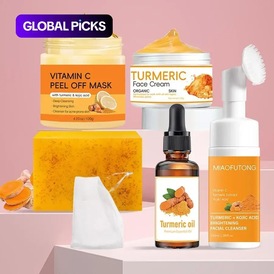 Turmeric Brightening, Radiant Skin Care Kit, 5-Piece Set, Glowing Skin Set, Turmeric Glow Set with Turmeric Soap, Face Cream, Mousse Cleanser, Facial Oil & Vitamin C Peel-Off Mask with Kojic Acid, Deep Cleansing & Nourishing for Women & Men