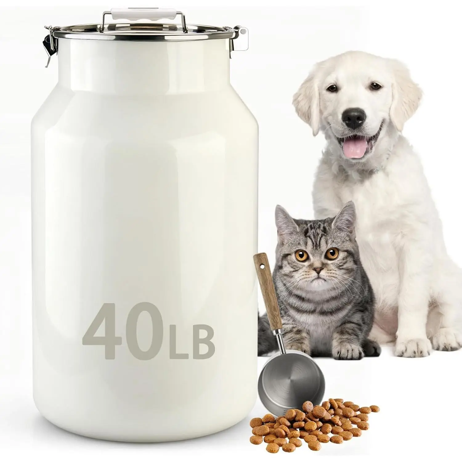Dog-Cat Food Storage Container 40 lb/38 Qt, Large Stainless Steel Pet Food Bin with Airtight Lid & Scoop Included, Durable 304 Metal Storage for Dogs & Cats