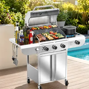 3-Burner Propane Gas Grill with Side Burner – 34,000 BTU Stainless Steel Outdoor BBQ Grill, Cast Iron Grates, Portable with Wheels for Patio, Camping, Summerwins summerwins,summerwins