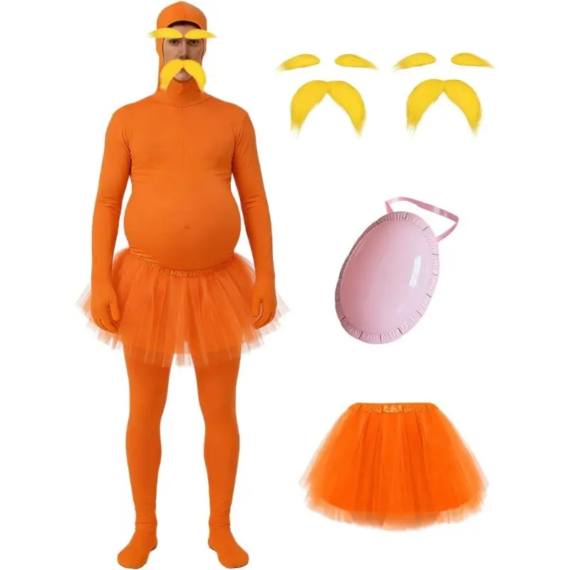 Halloween Orange Bodysuit with Fake Belly - Unisex Padded Jumpsuit Costume for Women Men, Stretchy Cosplay Outfit for Party, Dress Up Role Play